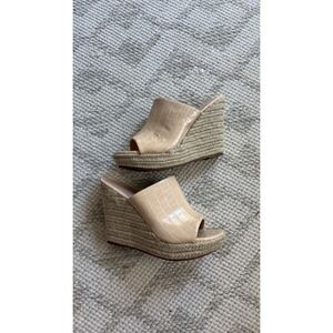Allegra K. Wedge Espadrille Mules Slides Croc‎ Embossed Peep Toe Platform Heels